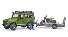 Bruder 2589 Land Rover Defender s přívěsem, motocykl Ducati a řidič